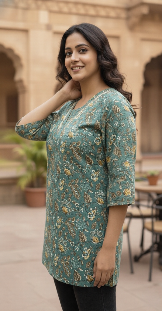 SriHa Premium Winter Pashmina Short Kurti – Teal Floral Elegance | Soft & Warm Fabric