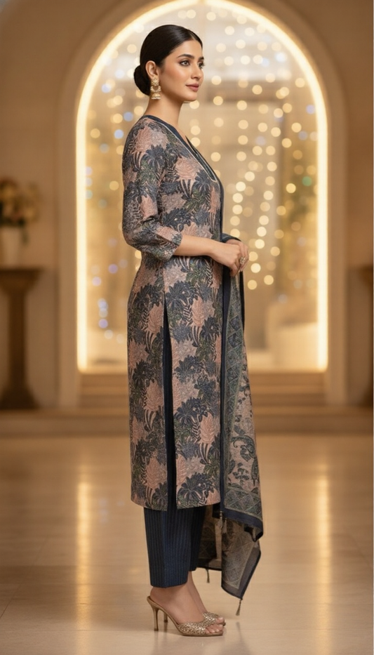 SriHa Premium Pashmina Winter Kurti Set (3-Piece) – Soft, Warm & Elegant Floral Design