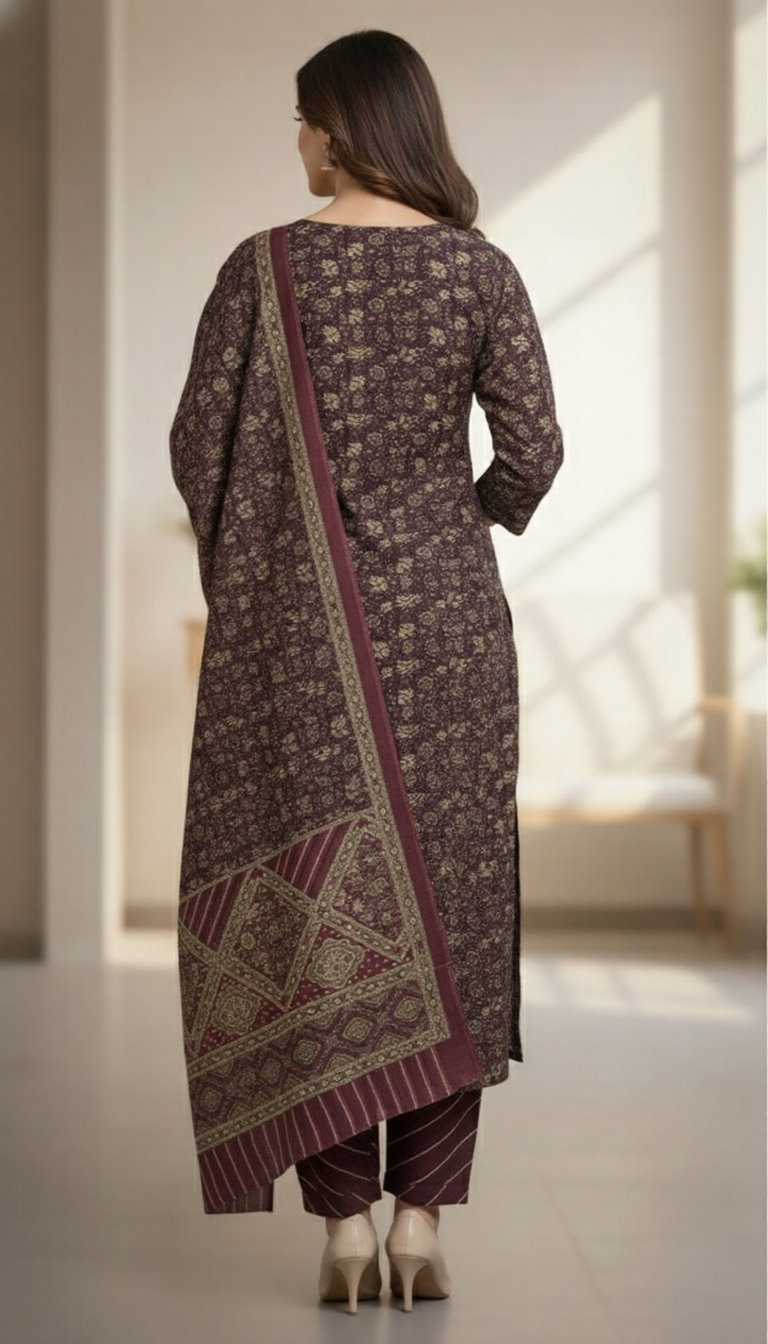 SriHa Premium Maroon Pashmina Winter Kurti Set (3-Piece) – Elegant Jacquard Floral Design