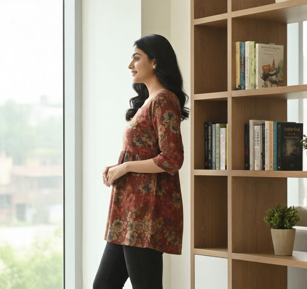 SriHa Winter Peplum Floral Short Kurti – Soft Pashmina Feel | Square Neck | Premium Winter Wear Top