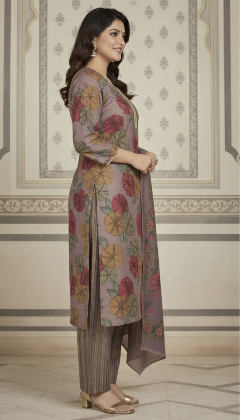 SriHa Premium Floral Pashmina Winter Kurti Set (3-Piece) – Soft Lilac Tone with Elegant Shawl