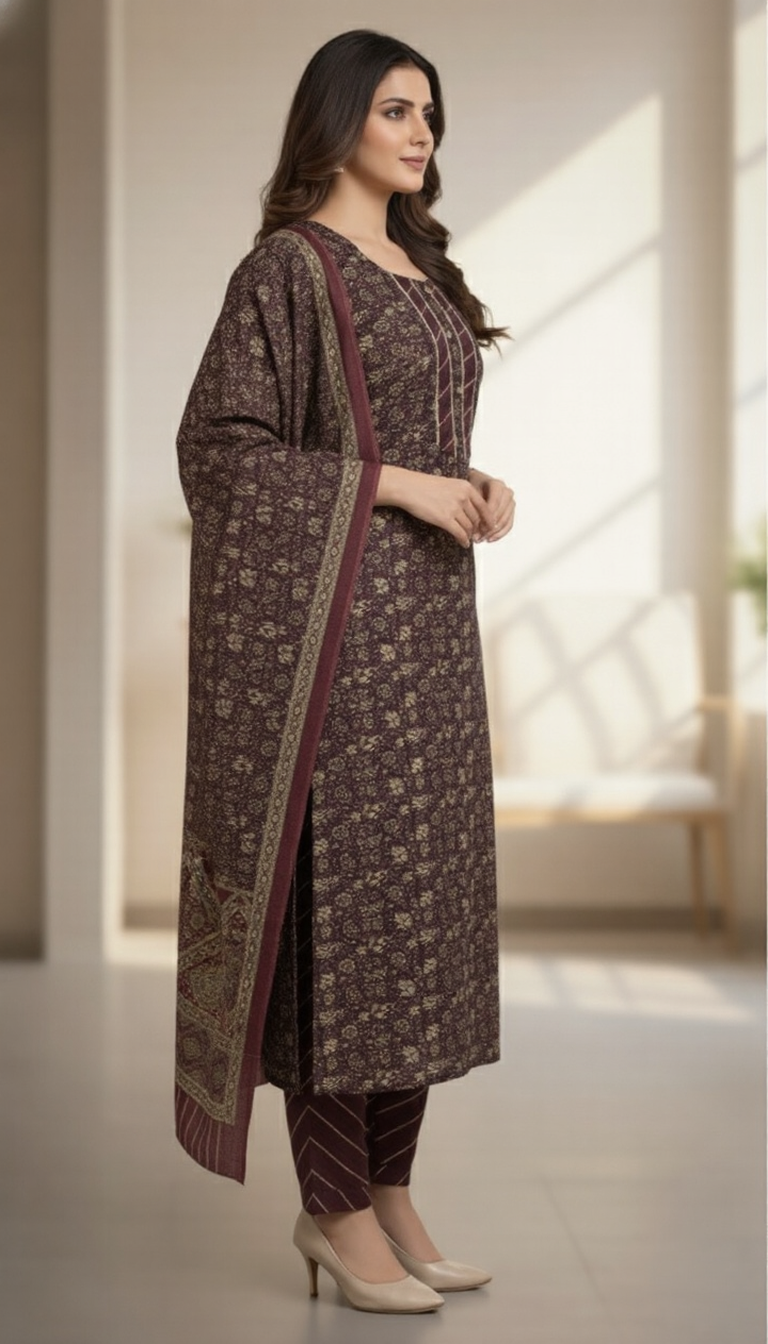 SriHa Premium Maroon Pashmina Winter Kurti Set (3-Piece) – Elegant Jacquard Floral Design