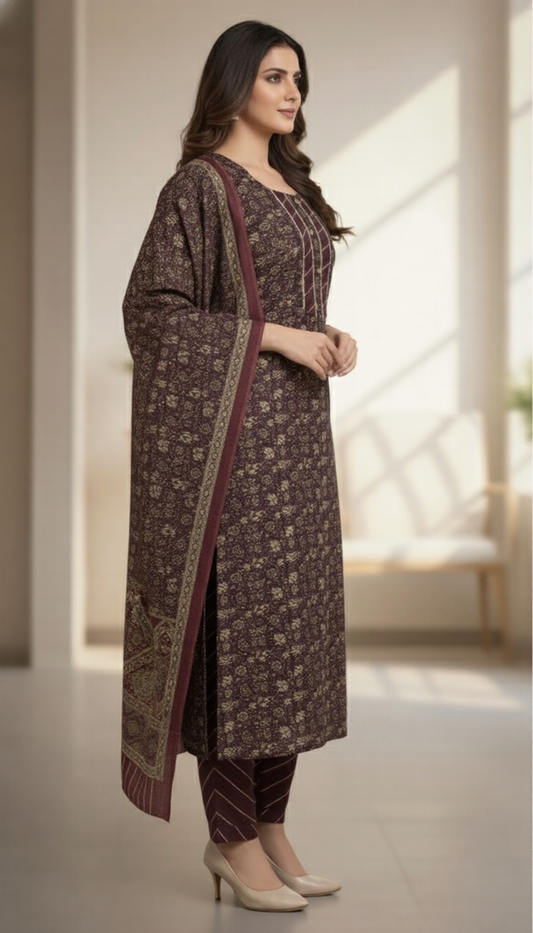 SriHa Premium Maroon Pashmina Winter Kurti Set (3-Piece) – Elegant Jacquard Floral Design