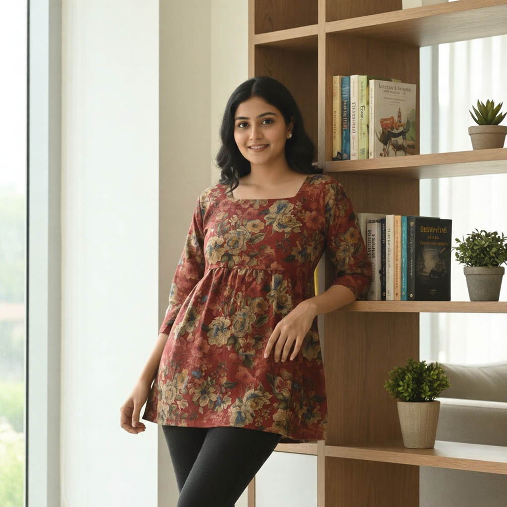 SriHa Winter Peplum Floral Short Kurti – Soft Pashmina Feel | Square Neck | Premium Winter Wear Top