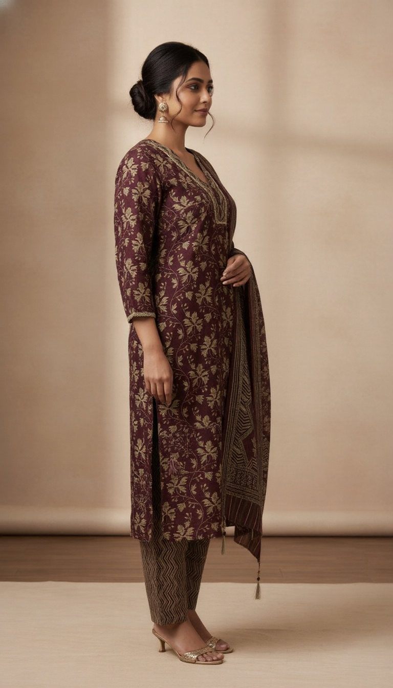 SriHa Premium Burgundy Pashmina Winter Kurti Set with Dupatta (Elegant Floral Weave)