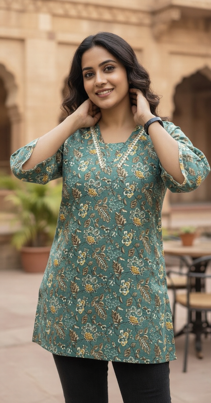 SriHa Premium Winter Pashmina Short Kurti – Teal Floral Elegance | Soft & Warm Fabric