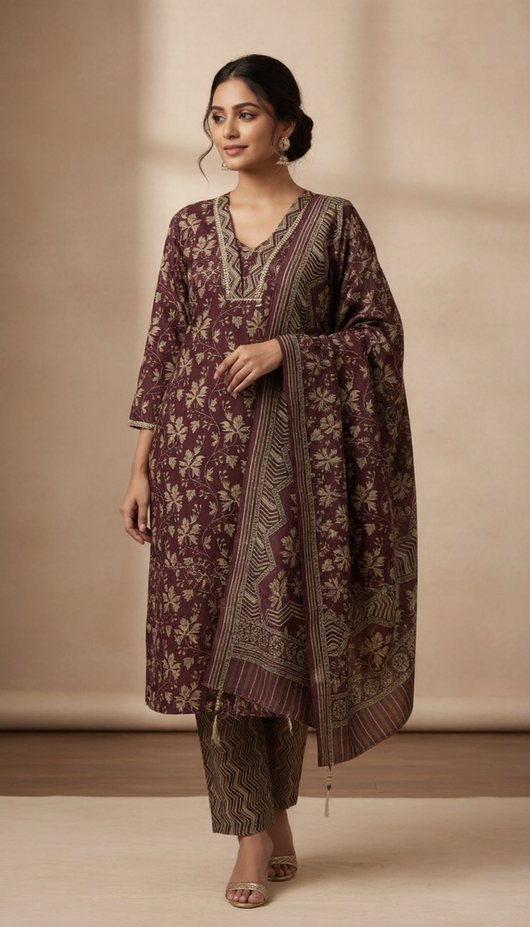 SriHa Premium Burgundy Pashmina Winter Kurti Set with Dupatta (Elegant Floral Weave)