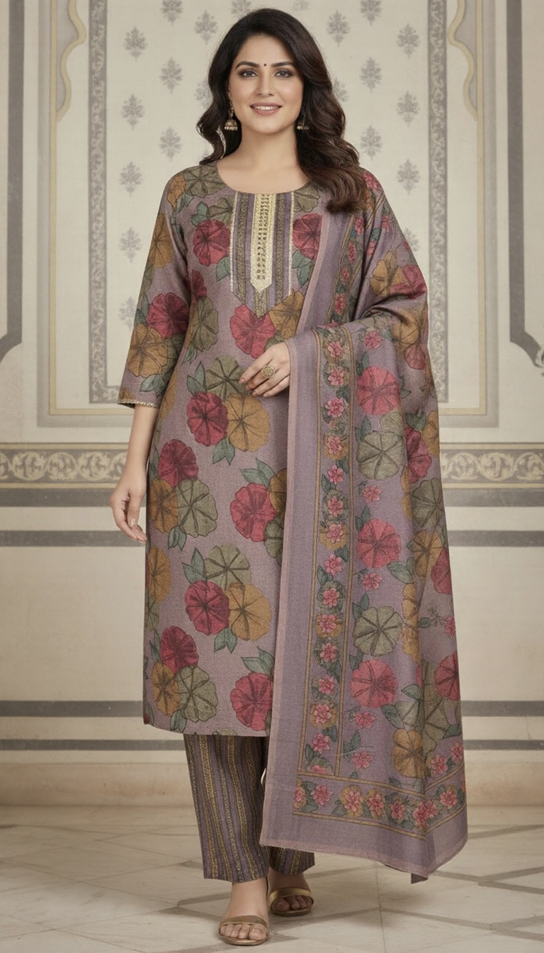 SriHa Premium Floral Pashmina Winter Kurti Set (3-Piece) – Soft Lilac Tone with Elegant Shawl