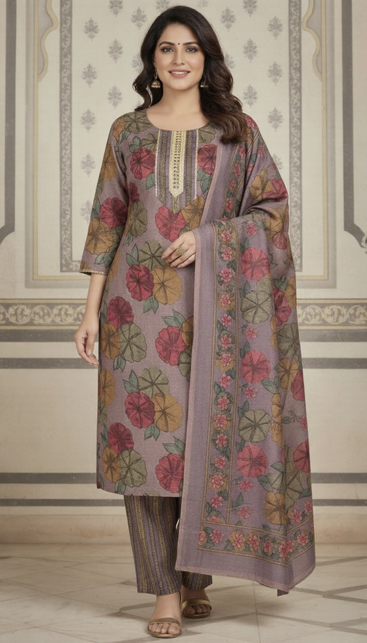 SriHa Premium Floral Pashmina Winter Kurti Set (3-Piece) – Soft Lilac Tone with Elegant Shawl