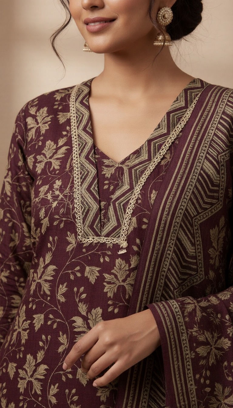 SriHa Premium Burgundy Pashmina Winter Kurti Set with Dupatta (Elegant Floral Weave)