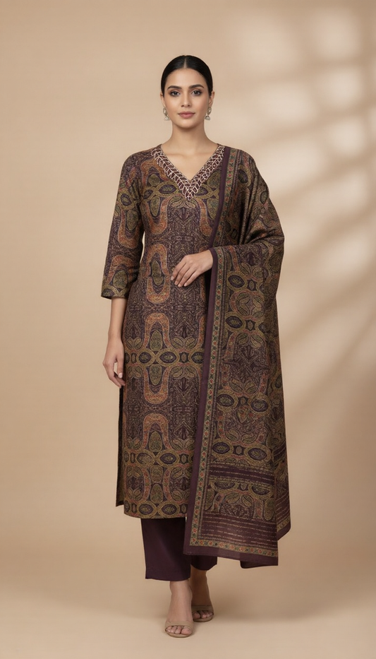 SriHa Premium Pashmina Winter Kurti Set (3-Piece) – Rich Kashmiri Design & Warm Soft Fabric