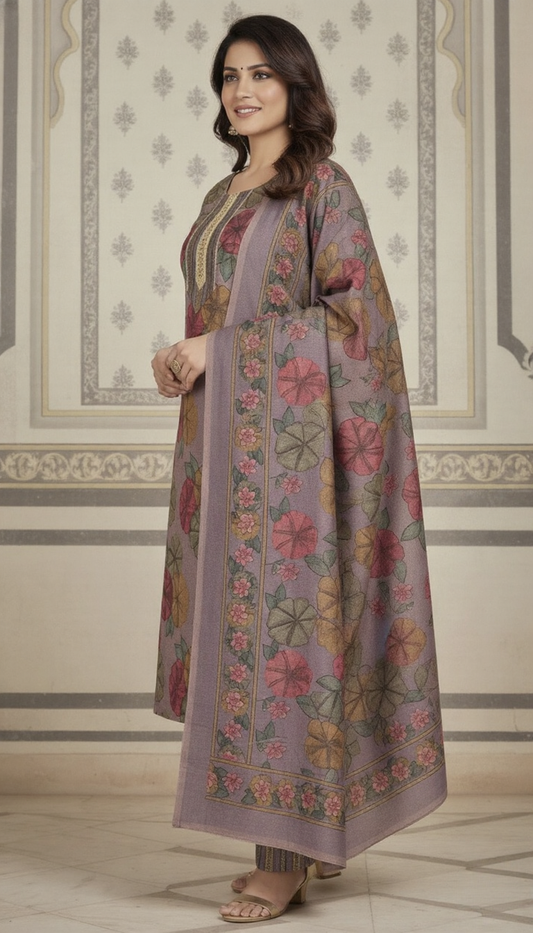 SriHa Premium Floral Pashmina Winter Kurti Set (3-Piece) – Soft Lilac Tone with Elegant Shawl