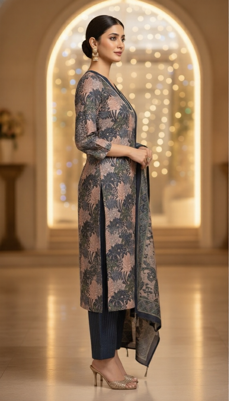 SriHa Premium Pashmina Winter Kurti Set (3-Piece) – Soft, Warm & Elegant Floral Design