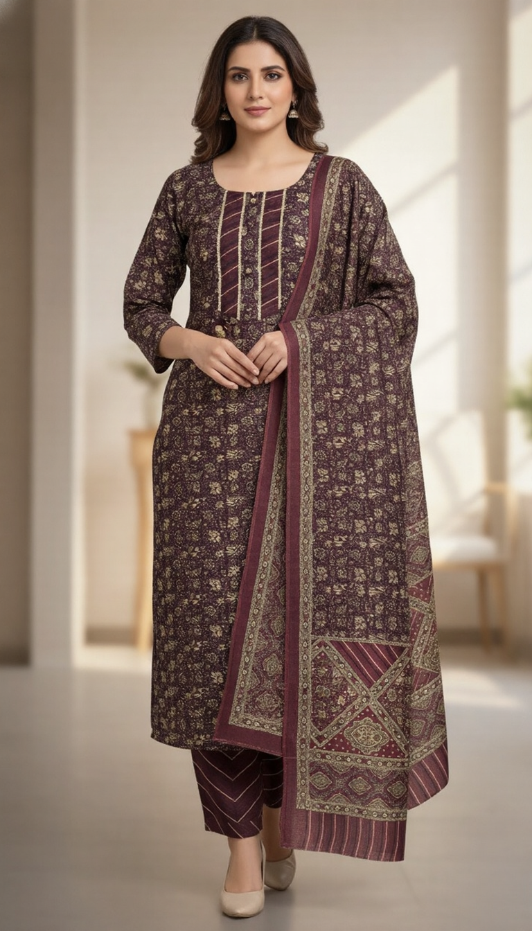 SriHa Premium Maroon Pashmina Winter Kurti Set (3-Piece) – Elegant Jacquard Floral Design