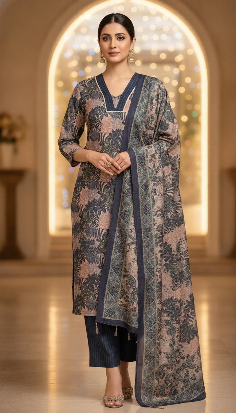 SriHa Premium Pashmina Winter Kurti Set (3-Piece) – Soft, Warm & Elegant Floral Design