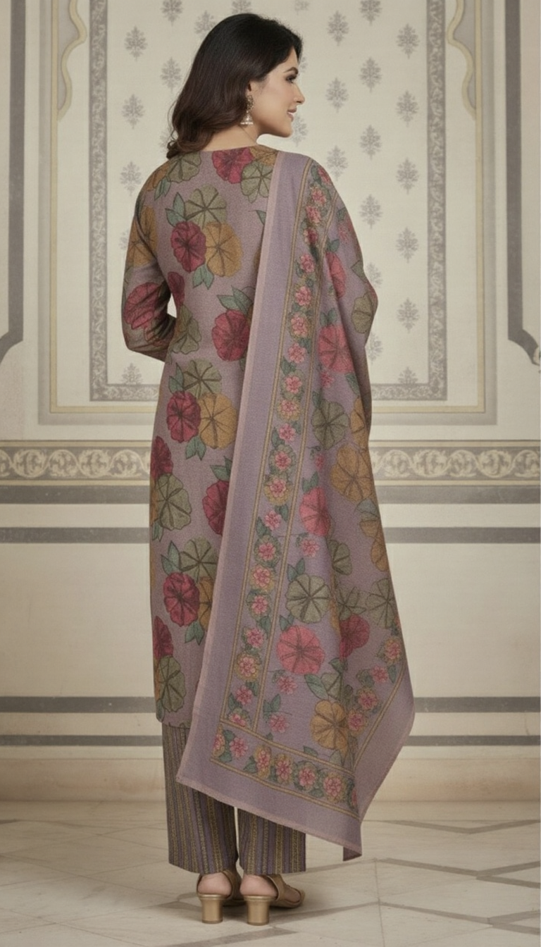 SriHa Premium Floral Pashmina Winter Kurti Set (3-Piece) – Soft Lilac Tone with Elegant Shawl