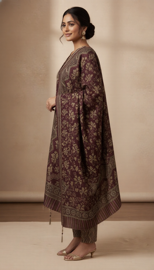 SriHa Premium Burgundy Pashmina Winter Kurti Set with Dupatta (Elegant Floral Weave)